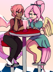 Size: 784x1070 | Tagged: safe, artist:bahrambupkis, oc, oc only, oc:ivy, oc:simmer, satyr, clothes, diner, milkshake, offspring, parent:fizzle, parent:fluttershy, sharing a drink, shipping