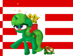 Size: 2165x1675 | Tagged: safe, artist:limedreaming, oc, oc only, oc:lime dream, pony, unicorn, blushing, bremen, drunk, female, flag, food, germany, mare, pretzel, solo