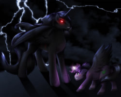 Size: 1024x819 | Tagged: safe, artist:ex626akakeon, artist:rizcifra, derpibooru import, oc, oc only, oc:black stallion, oc:skywind, alicorn, pony, alicorn oc, duel, glowing eyes, glowing horn, lightning, male