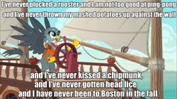 Size: 960x540 | Tagged: safe, derpibooru import, edit, edited screencap, screencap, gabby, griffon, the fault in our cutie marks, caption, cute, gabby's shanty, gabbybetes, image macro, lifejacket, meme, sea shanty, silly songs, song in the comments, the pirates who don't do anything, veggietales