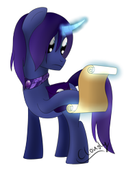 Size: 1300x1800 | Tagged: safe, artist:cloudy95, oc, oc only, pony, unicorn, curved horn, magic, male, saddle bag, scroll, simple background, solo, stallion, transparent background