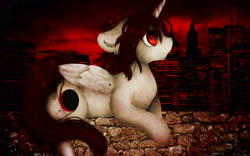 Size: 3840x2400 | Tagged: safe, artist:czywko, oc, oc only, oc:shadow mecha, pony, unicorn, city, hope, night, prosthetic wing, red, red eyes, red sky, solo, stone, stone wall, textured background, wall