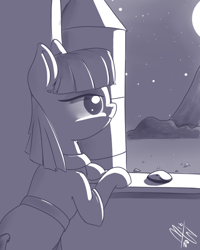 Size: 600x750 | Tagged: safe, artist:malwinters, derpibooru import, boulder (pet), maud pie, atg 2016, monochrome, moon, newbie artist training grounds, solo, stargazing