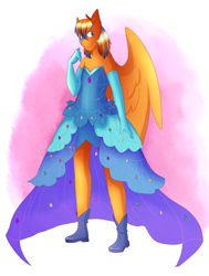 Size: 500x661 | Tagged: safe, artist:rubyrue, derpibooru import, oc, oc only, oc:cold front, anthro, pegasus, plantigrade anthro, anthro oc, clothes, commission, crossdressing, dress, gloves, male, princess dress, shoes, smiling, stallion, trap