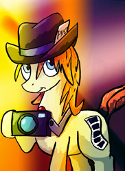 Size: 1700x2338 | Tagged: safe, artist:murkrowzy, derpibooru import, press pass, press release (character), earth pony, pony, camera, hat, smiling, solo