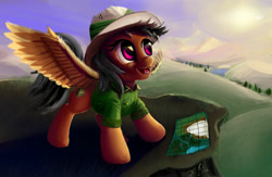 Size: 2000x1300 | Tagged: safe, artist:xbi, daring do, pony, map, scenery, sky, solo, spread wings, tabun art-battle finished after