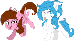 Size: 1024x558 | Tagged: safe, artist:slasharu, oc, oc only, earth pony, pegasus, pony, chibi, female, mare, one eye closed, simple background, tongue out, transparent background, wink