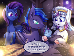 Size: 2000x1500 | Tagged: safe, artist:vavacung, oc, oc only, oc:midnight moon, oc:moon light, oc:shadow wing, oc:starlight mist, bat pony, pony, unicorn, bed of hay, birth, crying, family, foal, new born, sleeping, tears of joy