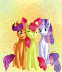 Size: 3000x3500 | Tagged: safe, artist:xskytheartist, derpibooru import, apple bloom, scootaloo, sweetie belle, cutie mark crusaders, eyes closed, one eye closed, smiling, wink