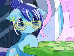 Size: 800x600 | Tagged: safe, artist:apyorehe, derpibooru import, minuette, pony, alternate hairstyle, female, floppy ears, hair bun, mare, nervous, pixiv, shutter shades, sitting, solo, table, wavy mouth