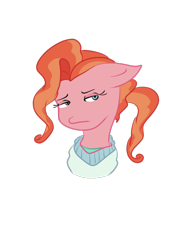 Size: 500x700 | Tagged: safe, artist:jodi sli, derpibooru import, peachy plume, earth pony, pony, where the apple lies, bust, clothes, female, floppy ears, lidded eyes, looking away, mare, portrait, receptionist, simple background, solo, transparent background