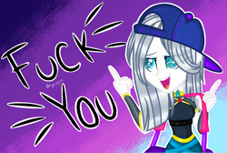 Size: 1058x712 | Tagged: safe, artist:yulianapie26, oc, oc only, equestria girls, clothes, female, fuck you, hat, middle finger, open mouth, shirt, smiling, solo, vulgar