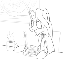 Size: 1200x1200 | Tagged: safe, artist:unsavorydom, derpibooru import, oc, oc only, oc:gloomy, coffee mug, food, happy, magic, mlpg, monochrome, open mouth, pancakes, solo, telekinesis