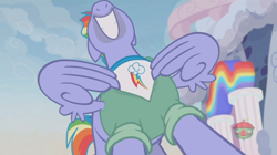 Size: 1236x692 | Tagged: safe, screencap, bow hothoof, pony, parental glideance, bow's t-shirt, meme origin, nose in the air, treehouse logo, volumetric mouth, wing hands