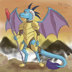 Size: 1700x1700 | Tagged: safe, artist:hypno, dragon lord ember, princess ember, dragon, armor, mountain, mountain range, staff