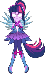 Size: 4579x7529 | Tagged: safe, artist:limedazzle, sci-twi, twilight sparkle, equestria girls, legend of everfree, absurd resolution, boots, clothes, crystal guardian, crystal wings, dress, glasses, glowing eyes, high heel boots, ponytail, scitwilicorn, simple background, smiling, solo, super ponied up, transparent background, vector, wings