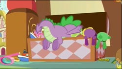 Size: 854x480 | Tagged: safe, screencap, spike, dragon, a flurry of emotions, claws, discovery family logo, feet, male, toy, toy box