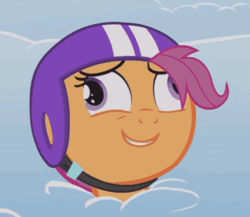 Size: 478x414 | Tagged: safe, screencap, scootaloo, pony, parental glideance, animated, cloud, cropped, derp, dizzy, gif, grin, helmet, nailed it, open mouth, scootaderp, silly, silly pony, smiling, solo, stuck