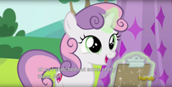 Size: 1920x975 | Tagged: safe, derpibooru import, screencap, sweetie belle, the cart before the ponies, cutie mark, levitation, magic, meme, solo, telekinesis, the cmc's cutie marks, youtube caption