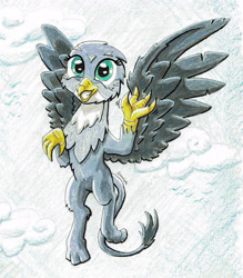 Size: 2261x2579 | Tagged: safe, artist:modecom1, gabby, griffon, cute, flying, smiling, solo, traditional art, waving, wings