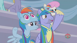 Size: 1236x692 | Tagged: safe, screencap, bow hothoof, ponet, sprinkle medley, twinkleshine, windy whistles, pony, parental glideance, cheering, hat, rainbow dash's parents, visor, windyhoof