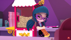 Size: 1366x768 | Tagged: safe, screencap, juniper montage, equestria girls, 3d, doll, equestria girls minis, food, hasbro, popcorn, stare, toy, youtube link