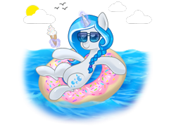 Size: 1600x1200 | Tagged: safe, artist:kaikururu, derpibooru import, oc, oc only, oc:bubble lee, beach, food, glowing horn, ice cream, ice cream cone, magic, simple background, solo, sunglasses, telekinesis, transparent background