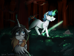 Size: 6666x5000 | Tagged: safe, artist:scarlett-letter, oc, oc only, oc:blame shield, oc:scarlett letter, alicorn, pony, unicorn, absurd resolution, alicorn oc, forest, hiding, magic, scenery, signature, tree, weapon