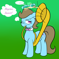 Size: 2000x2000 | Tagged: safe, artist:alexmichanikos, beauty brass, breezie, earth pony, pony, annoyed, bowtie, duo, female, mare, musical instrument, one eye closed, simple background, thought bubble, tuba