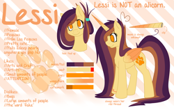 Size: 4743x3000 | Tagged: safe, artist:ruef, derpibooru import, oc, oc only, oc:lessi, fake horn, reference sheet