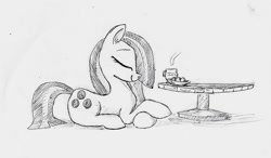 Size: 957x557 | Tagged: safe, artist:t72b, derpibooru exclusive, derpibooru import, marble pie, food, monochrome, newbie artist training grounds, sitting, solo, tea, traditional art