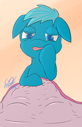 Size: 1317x2028 | Tagged: safe, artist:gift, derpibooru import, oc, oc only, pony, anny fic, baby, baby pony, blanket, blue, cute, female, filly, floppy ears, sleepy, solo, waking up