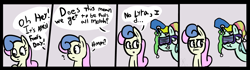 Size: 4897x1364 | Tagged: safe, artist:davierocket, bon bon, lyra heartstrings, sweetie drops, earth pony, pony, unicorn, :t, absurd resolution, april fools, bon bon is not amused, comic, dialogue, duo, grin, hat, jester hat, open mouth, question mark, shutter shades, smiling, text, unamused