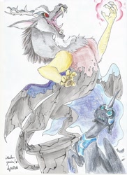 Size: 1700x2338 | Tagged: safe, artist:guille832, artist:thelionmedal, derpibooru import, discord, nightmare moon, alternate ending, alternate universe, bad end, badass, laughing mad, scared, simple background, statue, traditional art