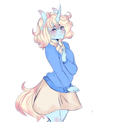 Size: 1280x1280 | Tagged: safe, artist:sarah-loves-christmas, oc, oc only, oc:strawberry ice, anthro, unicorn, anthro oc, blushing, clothes, cute, female, looking at you, mare, moe, ocbetes, shirt, short skirt, skirt, solo, sweater