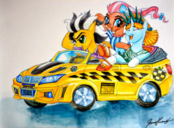 Size: 900x664 | Tagged: safe, artist:invalid-david, oc, oc only, oc:bowtie, oc:cabbie, oc:liberty, bmw, car, driving, painting, ponycon, ponycon nyc, taxi, taxi driver, traditional art, watercolor painting