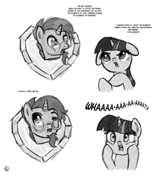 Size: 1500x1643 | Tagged: safe, artist:nimaru, sunburst, twilight sparkle, pony, avatar the last airbender, floppy ears, king bumi, monochrome, panic