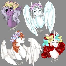 Size: 1280x1280 | Tagged: safe, artist:sarah-loves-christmas, oc, oc only, oc:doctor silver lining, oc:doctor sunfire, oc:elegant script, oc:lavender swirl, earth pony, pegasus, pony, unicorn, bust, eyepatch, female, flower, flower in hair, glasses, mare