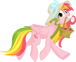 Size: 1024x839 | Tagged: safe, artist:kellythedrawinguni, oc, oc only, oc:fancy fruit, pegasus, pony, basket, female, food, hat, mare, mouth hold, simple background, solo, strawberry, transparent background