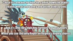 Size: 960x540 | Tagged: safe, derpibooru import, edit, edited screencap, screencap, gabby, griffon, the fault in our cutie marks, arrogant worms, boat, canada, canadian horse pirates, caption, gabby's shanty, image macro, meme, ship, the arrogant worms, the last saskatchewan pirate