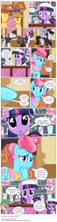 Size: 3381x12940 | Tagged: safe, artist:perfectblue97, cup cake, spike, twilight sparkle, dragon, earth pony, pony, comic:without magic, absurd resolution, bandaid, blank flank, candy, clothes, comic, earth pony twilight, food, sugarcube corner