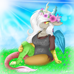 Size: 1000x1000 | Tagged: safe, artist:wintaura, derpibooru import, discord, eris, anthro, beautiful, busty eris, chaos, clothes, colorful, field, flower, flower in hair, relaxing, rule 63, shirt, sitting, sky, snaggletooth, solo, sun, wings