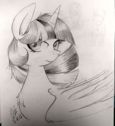 Size: 2891x3176 | Tagged: safe, artist:daisy-dictator, twilight sparkle, twilight sparkle (alicorn), alicorn, pony, black and white, chest fluff, grayscale, monochrome, solo, traditional art