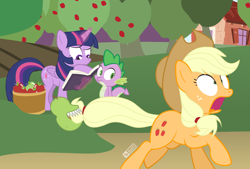 Size: 1200x810 | Tagged: safe, artist:dm29, derpibooru import, applejack, spike, twilight sparkle, twilight sparkle (alicorn), alicorn, dragon, earth pony, pony, april fools, biting pear of salamanca, deviantart, food, humor, lolwut, pear