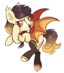 Size: 2300x2600 | Tagged: safe, artist:hawthornss, derpibooru import, oc, oc only, oc:pumpkin chai, bat pony, pony, clothes, cute, cute little fangs, ear piercing, earring, fangs, jewelry, looking at you, piercing, simple background, socks, transparent background, underhoof