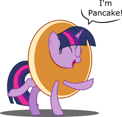 Size: 1500x1440 | Tagged: safe, artist:bladedragoon7575, derpibooru import, twilight sparkle, pony, clothes, costume, cute, dialogue, eyes closed, food, happy, i'm pancake, open mouth, pancakes, raised hoof, raised leg, silly, silly pony, simple background, smiling, solo, speech bubble, transparent background, twiabetes