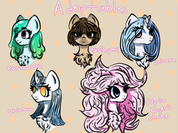 Size: 1599x1198 | Tagged: safe, artist:cysd16, oc, oc only, earth pony, pony, unicorn, adoptable, adoptableoc, bicolored mane, blue eyes, blue mane, chest fluff, coconut head, fluffy mane, gradient mane, gray, gray coat, green mane, huge mane, orange eyes, pink coat, pink eyes, pink mane, purple eyes, slime mane, slimy, sloth pony, smiling, straight mane