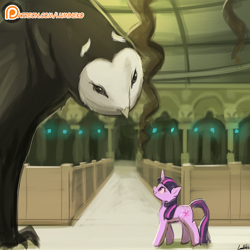 Size: 750x750 | Tagged: dead source, safe, artist:lumineko, twilight sparkle, owl, pony, unicorn, avatar the last airbender, crossover, duo, female, looking at each other, looking up, mare, open mouth, patreon, patreon logo, smiling, wan-shi-tong