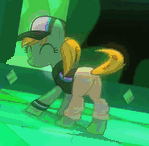 Size: 149x146 | Tagged: safe, color edit, edit, edited screencap, editor:watermelon changeling, screencap, azure velour, earth pony, pony, the saddle row review, ^^, animated, background pony, butt shake, clothes, color cycling, colored, cute, dancing, eyes closed, female, flank spin, gif, gif for breezies, hat, hue, mare, pants, party hard, picture for breezies, plot, smiling, solo, tail twirl, wat