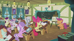 Size: 1334x750 | Tagged: safe, screencap, apple bloom, boysenberry, diamond tiara, peach fuzz, pipsqueak, silver spoon, sweetie belle, earth pony, pony, parental glideance, classroom, colt, male, scrapbook